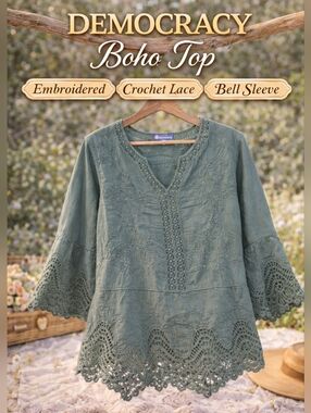 Democracy Boho Size Large Sage Green Embroidered Crochet Lace Bell Sleeve Blouse